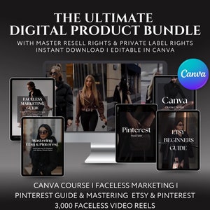 May include: A digital product bundle with a Canva course, faceless marketing guide, Pinterest guide, and mastering Etsy and Pinterest guide. The bundle includes 3,000 faceless video reels.