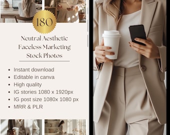 Könnte beinhalten: Eine Collage aus Bildern mit einer neutralen Farbpalette, die verschiedene Szenen mit minimalistischer Ästhetik zeigt. Die Bilder zeigen eine Person, die eine Kaffeetasse hält, eine Person, die an einem Laptop arbeitet, und eine Person, die ein Telefon hält. Der Text "180 Neutral Aesthetic Faceless Marketing Stock Photos" wird in der Mitte der Collage angezeigt.