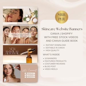 May include: Four digital banners for a skincare website. The banners feature images of women with glowing skin and product bottles. The text on the banners includes "Say Hello to Glowing Skin", "New Arrival", "Let's Connect", and "Skincare Website Banners".