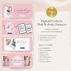 May include: Pink website banner templates for digital products. The design includes banners with text like "Create Launch Grow," "Fresh Drops," and "Flash Sale." The image also includes the text "Digital Products Pink Website Banners."