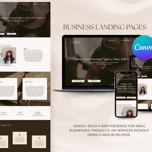 May include: A mockup of a website landing page with the text "Unlock Your Potential. Achieve More with Purpose." The website is designed in a minimalist style with a brown and white color scheme. The website is being displayed on a laptop, tablet, and smartphone.