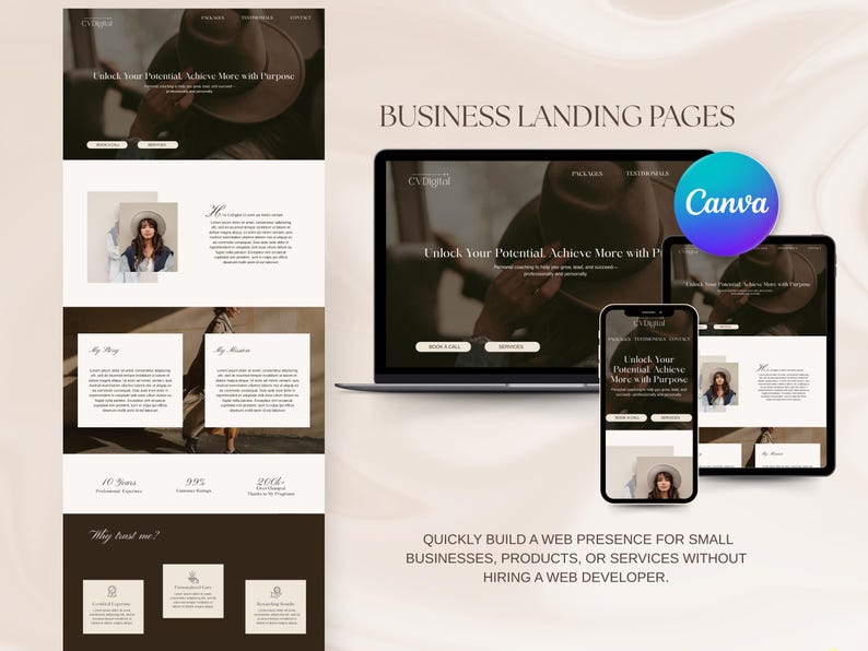 May include: A mockup of a website landing page with the text "Unlock Your Potential. Achieve More with Purpose." The website is designed in a minimalist style with a brown and white color scheme. The website is being displayed on a laptop, tablet, and smartphone.