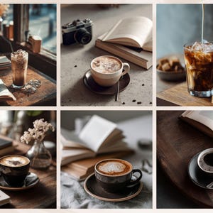 May include: A collage of coffee-themed images. Includes a tall glass of iced coffee with a straw, a cup of cappuccino with a spoon, and a glass of iced coffee with milk being poured in. Also features a cup of coffee, books, and a vintage camera.