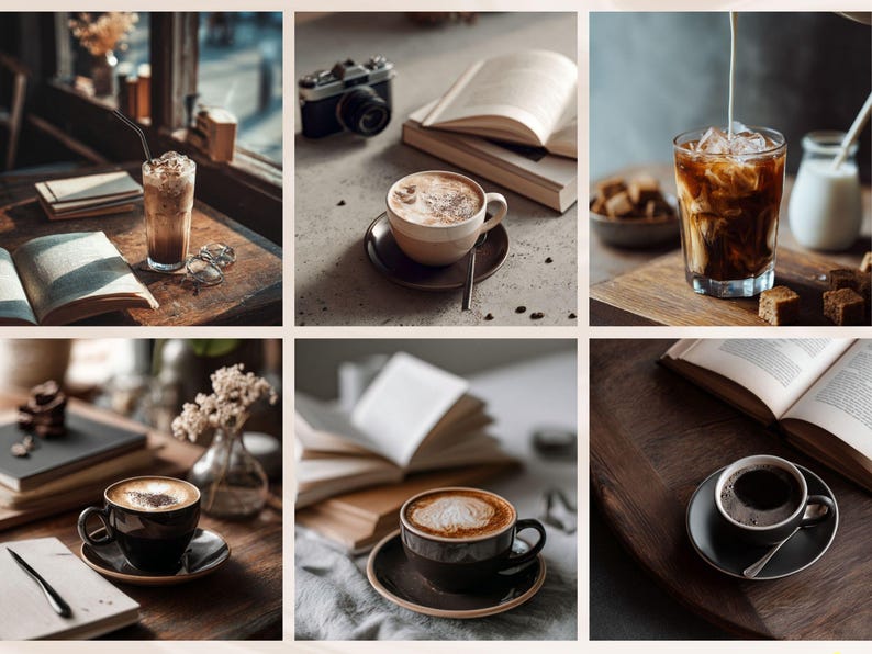 May include: A collage of coffee-themed images. Includes a tall glass of iced coffee with a straw, a cup of cappuccino with a spoon, and a glass of iced coffee with milk being poured in. Also features a cup of coffee, books, and a vintage camera.
