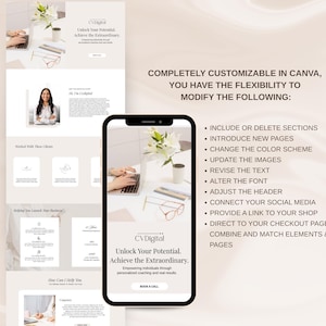 May include: A digital marketing template displayed on a smartphone and a laptop. The template features the text "CV Digital" and "Unlock Your Potential, Achieve the Extraordinary." The design is customizable in Canva, with options to modify sections, pages, color schemes, images, and text.