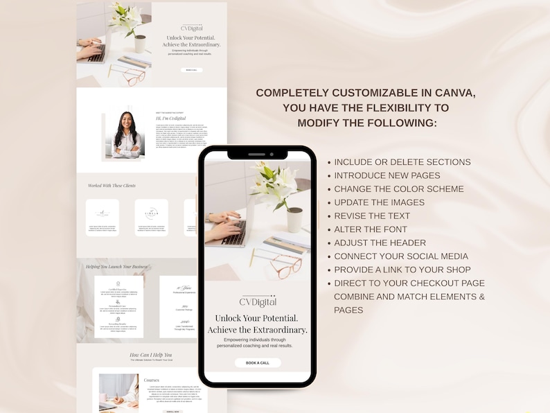 May include: A digital marketing template displayed on a smartphone and a laptop. The template features the text "CV Digital" and "Unlock Your Potential, Achieve the Extraordinary." The design is customizable in Canva, with options to modify sections, pages, color schemes, images, and text.