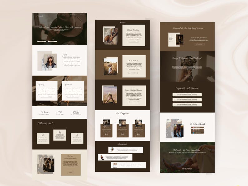 May include: Website screenshot showing a brown and white color scheme with images of a woman in a field, a woman in a hat, and a woman in a dress. The website text includes the words "My Programs", "Frequently Asked Questions", "What I Teach", and "Behind the Scenes".