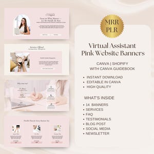 Può includere: Modelli di banner per siti web rosa per assistenti virtuali. Il design include diversi esempi di banner, con testo e immagini. Il testo include "Virtual Assistant Pink Website Banners" e "Instant Download".