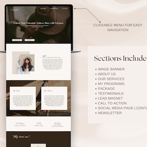May include: A website mockup on a laptop screen showing a website design for a business coach. The website features a header with the text "Unlock Your Potential. Achieve More with Purpose", a clickable menu for easy navigation, and sections for an image banner, about us, services, programs, packages, testimonials, lead magnets, call to action, social media, and a newsletter.