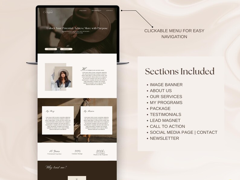 May include: A website mockup on a laptop screen showing a website design for a business coach. The website features a header with the text "Unlock Your Potential. Achieve More with Purpose", a clickable menu for easy navigation, and sections for an image banner, about us, services, programs, packages, testimonials, lead magnets, call to action, social media, and a newsletter.