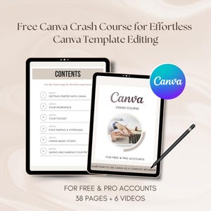 May include: Two black tablets displaying a Canva Crash Course. One tablet shows the contents, the other displays the course title and a graphic. A black stylus is on the right. The text reads "Free Canva Crash Course for Effortless Canva Template Editing."