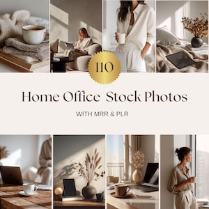 May include: A collage of lifestyle stock photos featuring home office scenes. The images showcase neutral color palettes, including beige, cream, and brown tones. Various settings include laptops, coffee cups, and decorative elements. Text on the image reads "Home Office Stock Photos WITH MRR & PLR".