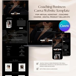 Puede incluir: Una plantilla de sitio web de Canva negra para negocios de coaching, mostrada en una computadora portátil, tableta y teléfono. La plantilla incluye el texto "Unlock Your Potential, Master Your Future". El logotipo de Canva es visible.