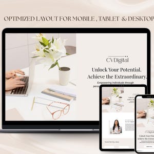 May include: A laptop, tablet, and smartphone display a website layout with the text "CV Digital: Unlock Your Potential. Achieve the Extraordinary." A vase of white flowers and eyeglasses are on the table.