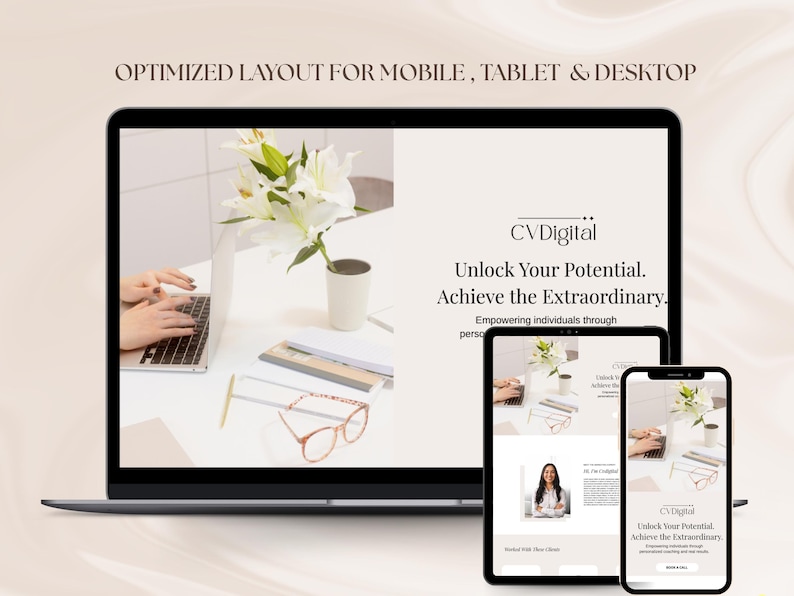 May include: A laptop, tablet, and smartphone display a website layout with the text "CV Digital: Unlock Your Potential. Achieve the Extraordinary." A vase of white flowers and eyeglasses are on the table.