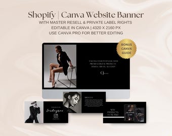 Banners para sitios web de Shopify, plantillas de Canva, banners web DIY, banners negros para sitios web de Shopify editables en Canva, conjunto de banners web para boutiques, MRR PLR