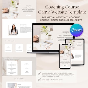 Pode incluir: Um modelo de site Canva para cursos de coaching, assistentes virtuais e vendedores de produtos digitais. O design é exibido em um laptop, tablet e telefone. O texto inclui "Unlock Your Potential, Achieve the Extraordinary."
