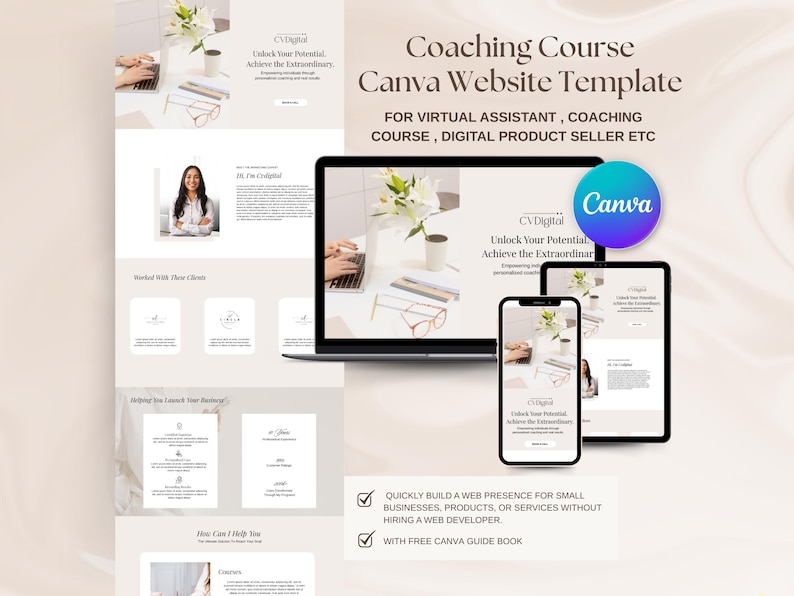 May include: A Canva website template for coaching courses, virtual assistants, and digital product sellers. The design is displayed on a laptop, tablet, and phone. The text includes "Unlock Your Potential, Achieve the Extraordinary."