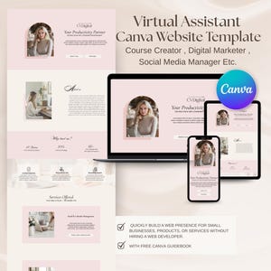 Può includere: Un modello di marketing digitale per un assistente virtuale, visualizzato su un laptop, un tablet e un telefono. Il modello presenta una combinazione di colori rosa e bianco con il testo "Virtual Assistant Canva Website Template". Il logo Canva è visibile.