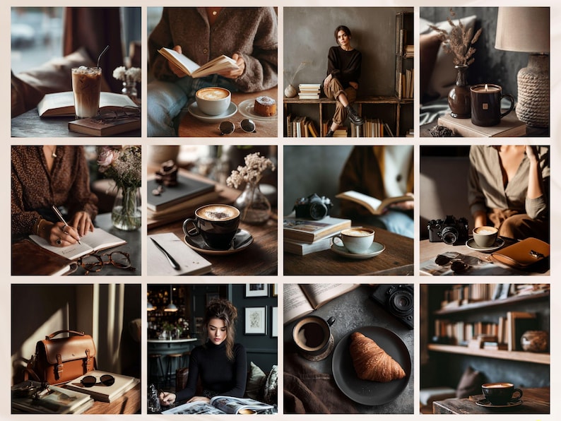 May include: A collage of images featuring coffee, books, and lifestyle scenes. The images showcase coffee cups, books, and a person writing in a notebook. The color palette is warm, with browns and creams, creating a cozy and inviting atmosphere.
