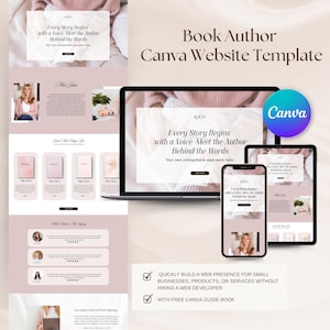 May include: A website template for authors, displayed on a laptop, tablet, and phone. The design features a soft pink and white color scheme with the text "Every Story Begins with a Voice-Meet the Author Behind the Words."