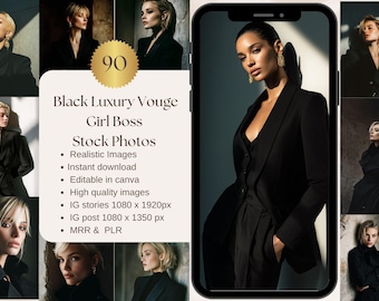 Può includere: Mockup di prodotto digitale con foto stock di donne in blazer e completi neri. L'immagine include il testo che recita "Black Luxury Vouge Girl Boss Stock Photos" con dettagli sul prodotto, come "Immagini realistiche".