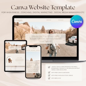 Op de afbeelding: Een Canva-website sjabloon voor virtuele assistenten, coaches, digitale marketeers en social media managers. De sjabloon bevat een landschapsafbeelding van een vrouw die in een woestijnlandschap loopt. De tekst "Empowering Your Business with Reliable, Efficient, and Personalized Virtual Support" wordt op de website weergegeven.