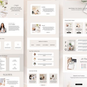 May include: A website design with a light beige and white color scheme. The website includes sections for coaching, funnels, and a blog. Text includes "CV Digital", "Unlock Your Potential, Achieve the Extraordinary", and "Start Strong, Grow Smarter, Lead Boldly".