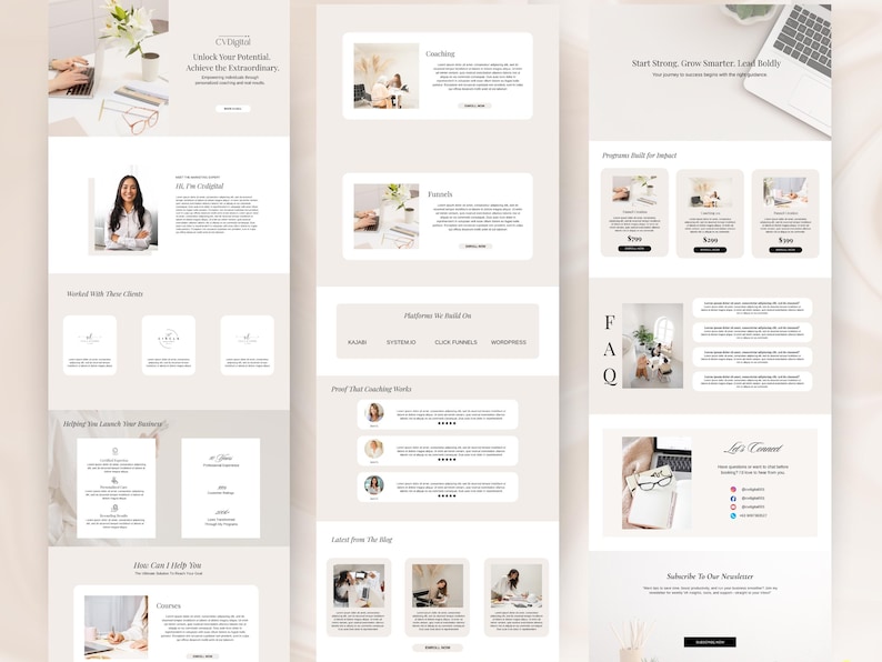 May include: A website design with a light beige and white color scheme. The website includes sections for coaching, funnels, and a blog. Text includes "CV Digital", "Unlock Your Potential, Achieve the Extraordinary", and "Start Strong, Grow Smarter, Lead Boldly".