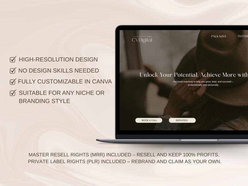 May include: A laptop computer screen displaying a website for a business called "CVDigital". The website offers personal coaching services and has a call to action to "Book a Call". The text on the screen reads "Unlock Your Potential. Achieve More with" and "Personal coaching to help you grow, lead, and succeed - professionally and personally."