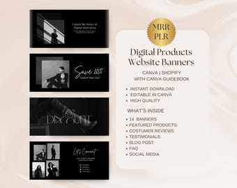 Banners para sitios web de Shopify, plantillas de banners DIY, plantillas de banners para sitios web de Canva, banners editables para sitios web, banner negro para productos digitales de Shopify