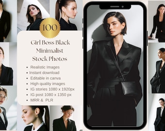 May include: A collection of stock photos featuring women in black blazers and suits. The images are displayed on a phone screen and in a collage. Text on the image reads "Girl Boss Black Minimalist Stock Photos". The photos are described as realistic and editable.