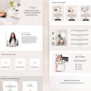 May include: A website design with the text "CV Digital" and the tagline "Unlock Your Potential. Achieve the Extraordinary." The site includes sections for programs, FAQs, and contact information. A woman is pictured in the center.