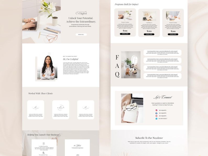 May include: A website design with the text "CV Digital" and the tagline "Unlock Your Potential. Achieve the Extraordinary." The site includes sections for programs, FAQs, and contact information. A woman is pictured in the center.