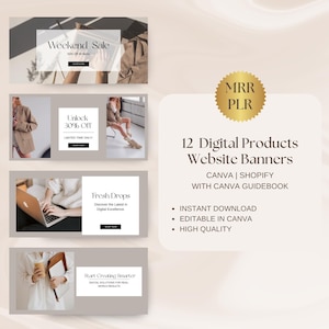 May include: A digital product listing featuring website banners for Canva and Shopify. The image showcases various banner designs with text like "Weekend Sale" and "Unlock 30% Off." Includes the text "12 Digital Products Website Banners."