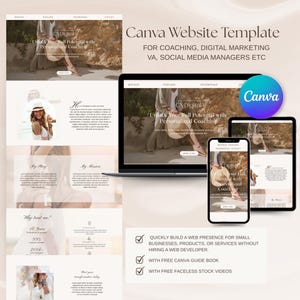 May include: A Canva website template for coaches, digital marketers, virtual assistants, and social media managers. The template features a light pink and white color scheme with a beach background. The text on the template reads "Unlock Your Full Potential with Personalized Coaching".