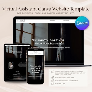 May include: A mockup of a website template for virtual assistants. The template is designed to help businesses, coaches, and digital marketers build a web presence without hiring a web developer. The template includes free Canva guide book, faceless stock videos, MRR and PLR.
