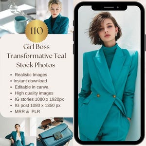 May include: A collection of stock photos featuring a woman in a teal suit. The images include a woman in a blazer and pants, and other lifestyle shots. The text on the image says "Girl Boss Transformative Teal Stock Photos".
