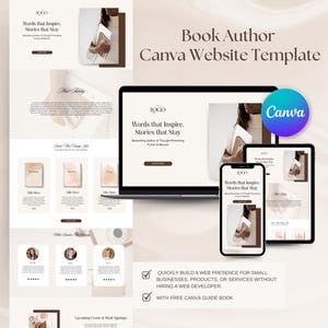 May include: A website template for authors, displayed on a laptop, tablet, and phone. The design features a neutral color palette with the text "Words that Inspire, Stories that Stay." The Canva logo is visible.