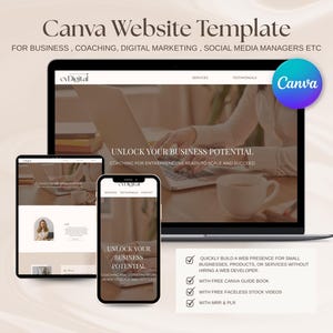 Op de afbeelding: Een Canva-website sjabloon voor bedrijven, coaching, digitale marketing, social media managers en meer. De sjabloon bevat een laptop, tablet en telefoon mockup met een website ontwerp dat de tekst "Ontgrendel je zakelijke potentieel" en "Coaching voor ondernemers die klaar zijn om te schalen en te slagen" bevat.