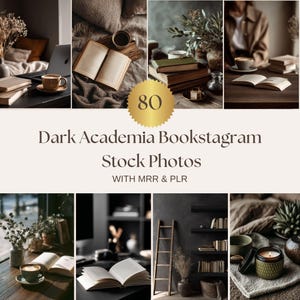 May include: A collage of images featuring a dark academia theme. The images include books, coffee cups, candles, and decorative plants. The text on the image reads "Dark Academia Bookstagram Stock Photos with MRR & PLR."