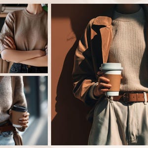 May include: A collage of three images featuring neutral-toned clothing. One image shows a person in a tan sweater with arms crossed. Another shows a person holding a coffee cup, wearing a tan coat, sweater, and pants. The third image shows a person holding a coffee cup.