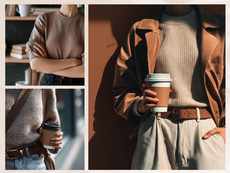 May include: A collage of three images featuring neutral-toned clothing. One image shows a person in a tan sweater with arms crossed. Another shows a person holding a coffee cup, wearing a tan coat, sweater, and pants. The third image shows a person holding a coffee cup.