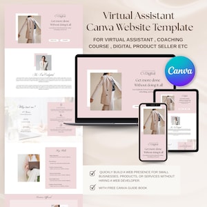 May include: A digital marketing Canva website template for virtual assistants, coaches, and digital product sellers. The design is displayed on a laptop, tablet, and phone, with the Canva logo. Text includes "Get more done without doing it all."