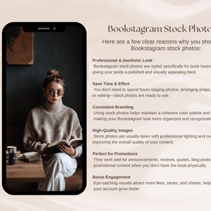 May include: A smartphone displays a woman in a beige turtleneck sweater and sunglasses, holding a book. The phone screen shows text: "Bookstagram Stock Photos" and reasons to use them, including aesthetic look, time-saving, and engagement.