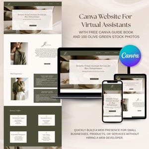 May include: A Canva website template for virtual assistants featuring a laptop, tablet, and smartphone displaying a web design with olive green accents. Includes text: Canva Website For Virtual Assistants, With Free Canva Guide Book And 100 Olive Green Stock Photos, and Quickly Build A Web Presence For Small Businesses, Products, Or Services Without Hiring A Web Developer.