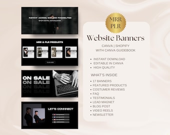 Plantilla de banners para sitios web editables en Canva. Plantilla de banners negros de Shopify. Banner para productos digitales en Canva. MRR PLR (hazlo tú mismo).