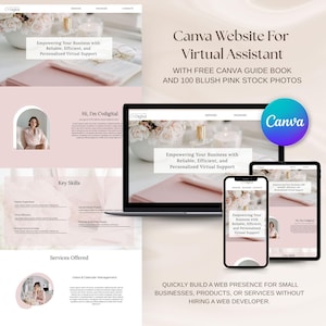 May include: A Canva website template for virtual assistants featuring a blush pink color scheme. The display shows a laptop, tablet, and smartphone screen showcasing the website layout, text, and imagery, with a circular Canva logo overlay.