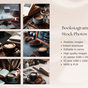 May include: A collection of coffee-themed stock photos. The images feature coffee cups with latte art, open books, and coffee beans. The text "Bookstagram Stock Photos" is visible, along with bullet points describing the product.
