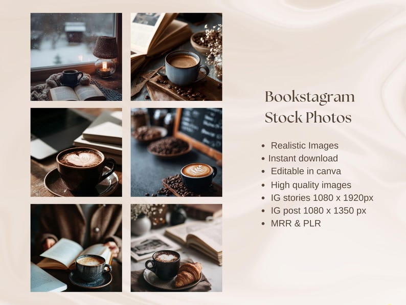 May include: A collection of coffee-themed stock photos. The images feature coffee cups with latte art, open books, and coffee beans. The text "Bookstagram Stock Photos" is visible, along with bullet points describing the product.